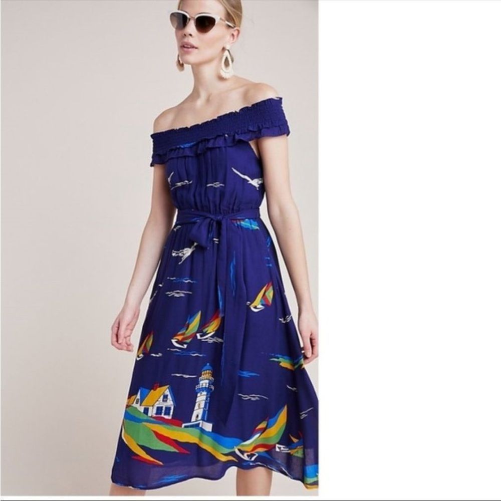 Anthropologie Blue Off-Shoulder Midi Dress